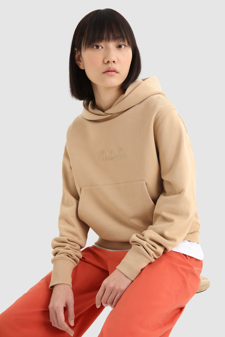 Beige Woolrich Fleece Hoodie With Embroidered Vintage Logo Women\'s Sweatshirts | 5298461-TA