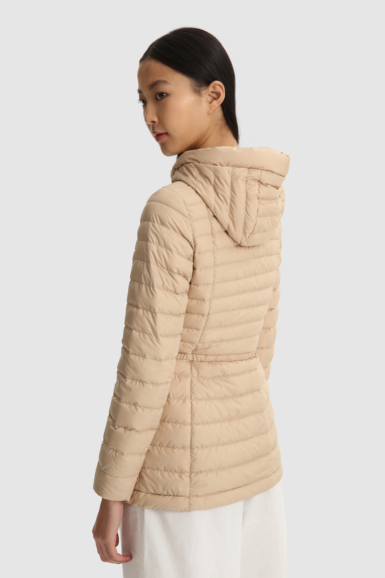 Beige Woolrich Hibiscus Hooded Women's Down Jackets | 2109847-YJ