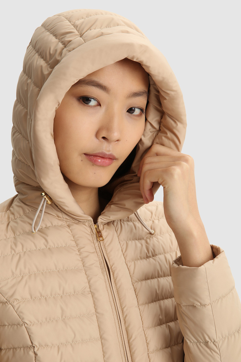 Beige Woolrich Hibiscus Hooded Women's Down Jackets | 2109847-YJ