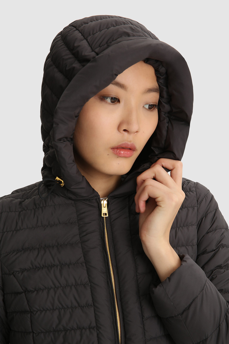 Black Woolrich Hibiscus Hooded Women's Down Jackets | 5791482-EM