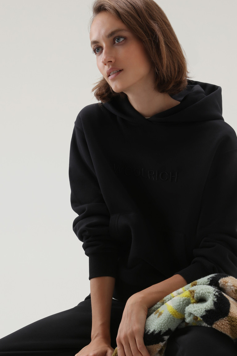 Black Woolrich Logo Fleece Hoodie Women's Sweatshirts | 0932714-ID