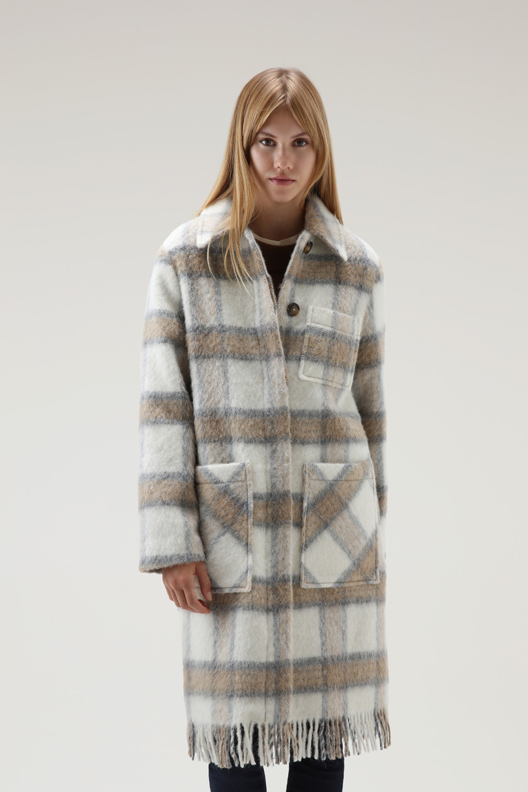 Cream Woolrich Brushed Wool Long Overwith Fringe Women's Coats | 3047918-RK