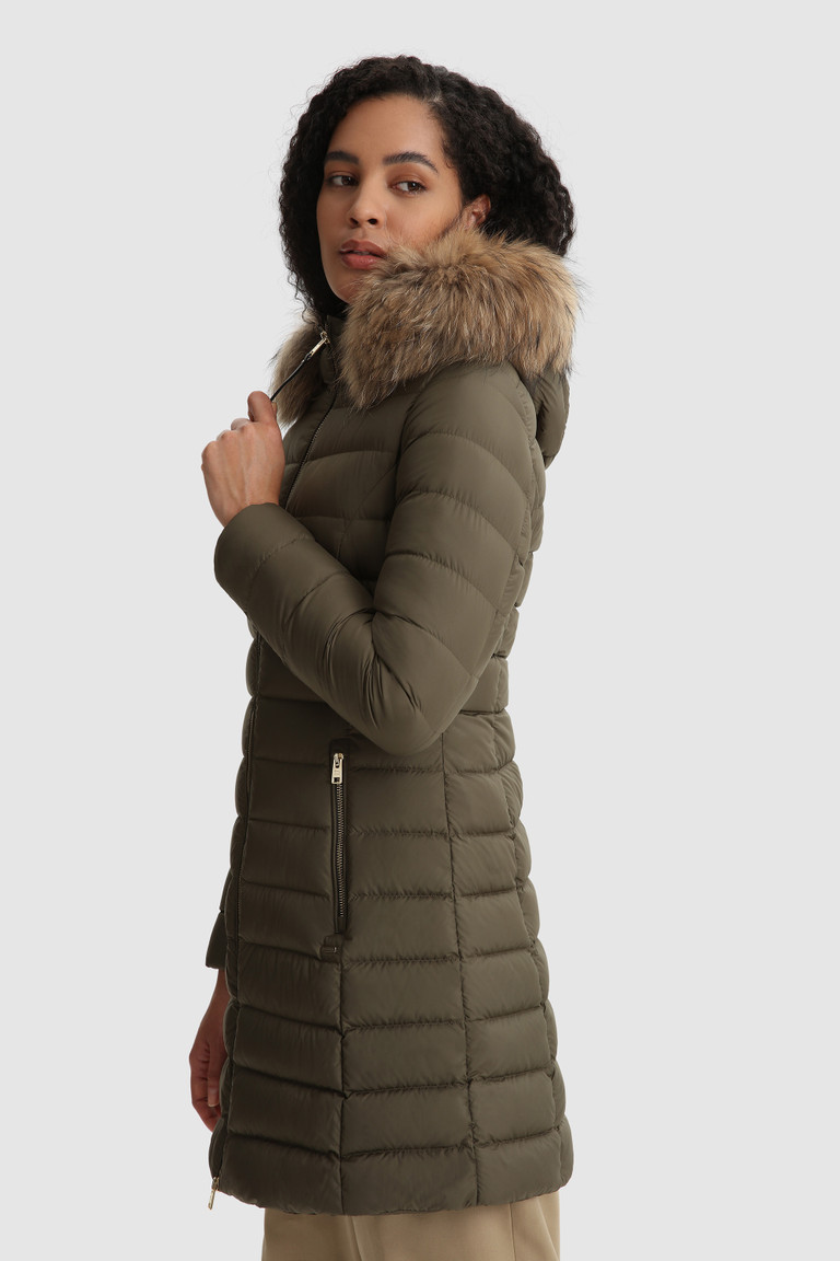 Dark Green Woolrich Ellis Quilted Long With Removable Fur Women's Down Jackets | 5471096-LV