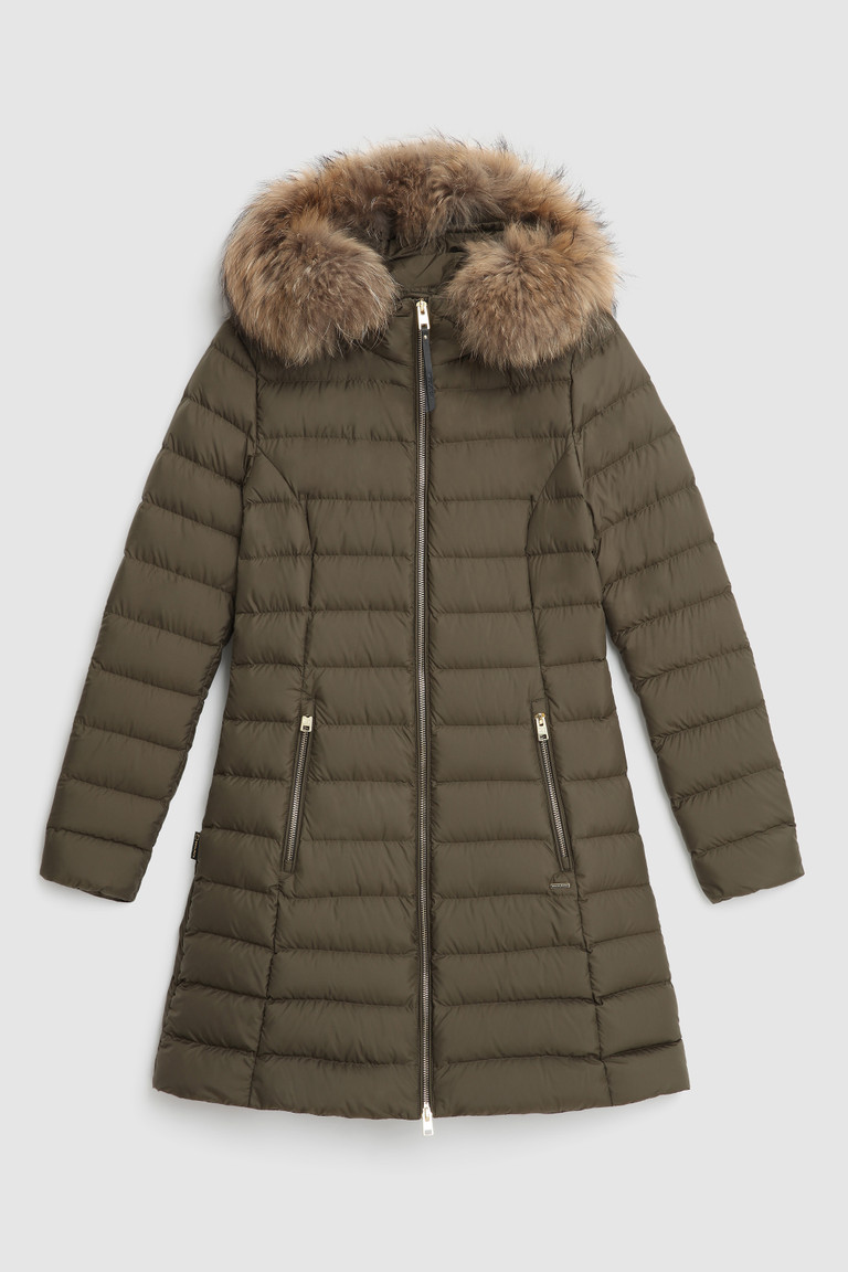 Dark Green Woolrich Ellis Quilted Long With Removable Fur Women's Down Jackets | 5471096-LV