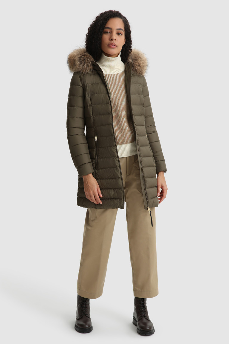 Dark Green Woolrich Ellis Quilted Long With Removable Fur Women\'s Down Jackets | 5471096-LV