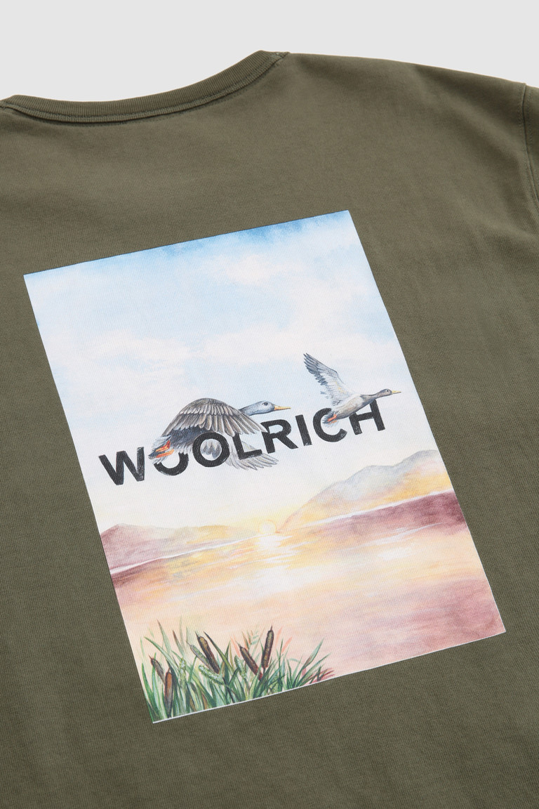 Green Woolrich With Back Print Men's T Shirts | 4180935-EY