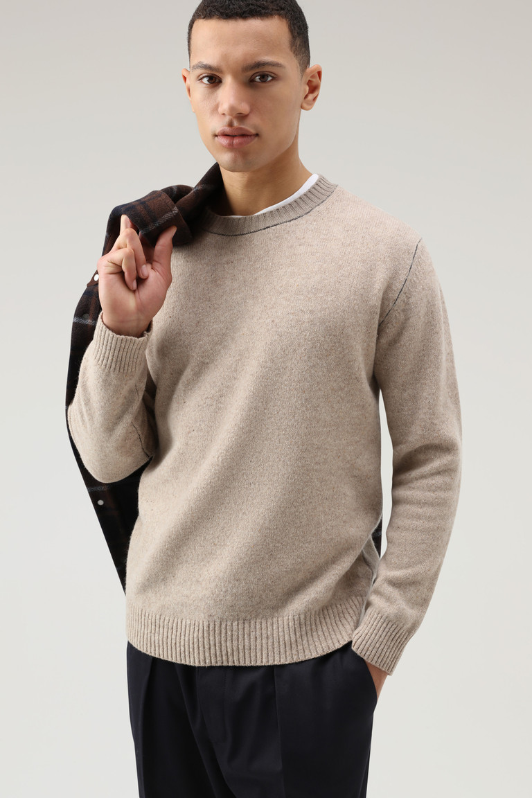 Khaki Woolrich Merino Virgin Wool Crewneck With Tweed-Effect Men's Knitwear | 3128905-EQ