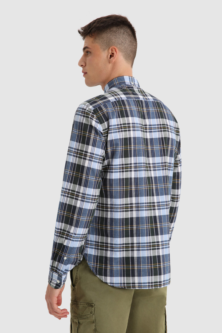 Navy Woolrich Madras Button-In Cotton Poplin Men's Shirts | 4132790-IW