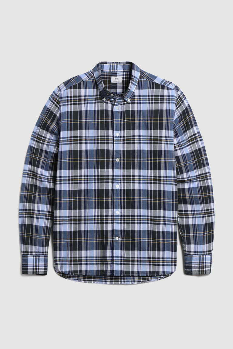 Navy Woolrich Madras Button-In Cotton Poplin Men's Shirts | 4132790-IW