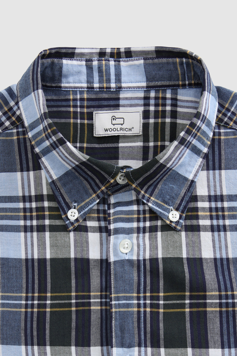 Navy Woolrich Madras Button-In Cotton Poplin Men's Shirts | 4132790-IW