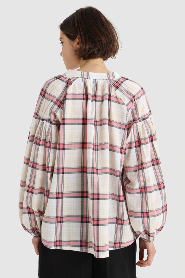 White Woolrich Linen Blend Blouse With Check Print Women's Shirts | 9364271-CG