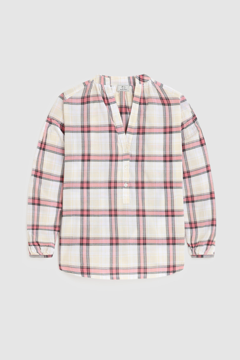 White Woolrich Linen Blend Blouse With Check Print Women's Shirts | 9364271-CG