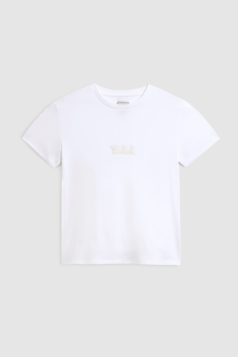 White Woolrich Stretch Cotton With Embossed Vintage Logo Women's T Shirts | 0126945-VT