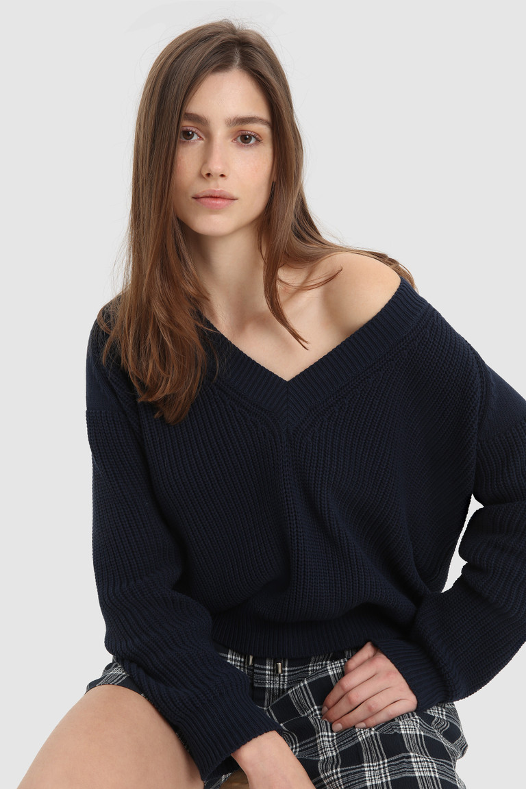 Blue Woolrich V-Neck In Soft Cotton Women's Sweaters | 8720961-XK