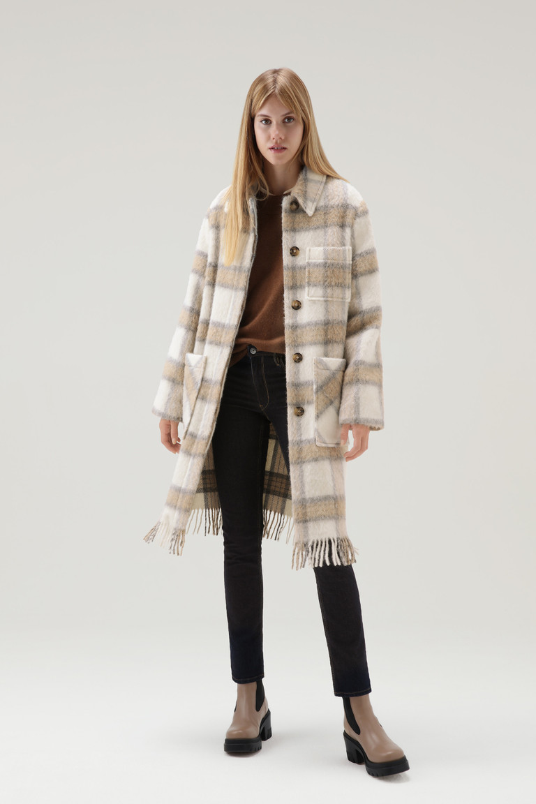 Cream Woolrich Brushed Wool Long Overwith Fringe Women's Coats | 3047918-RK